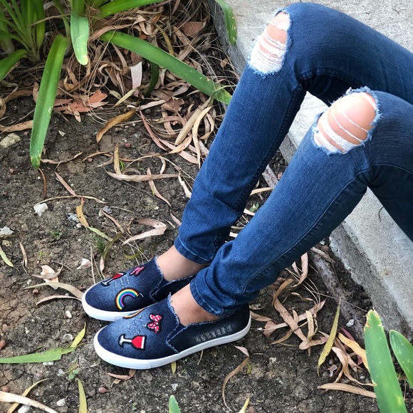 DENIM  DISTRESSED 🌈 RAINBOW MINI SLIP ON SNEAKERS - Picture 4 of 8